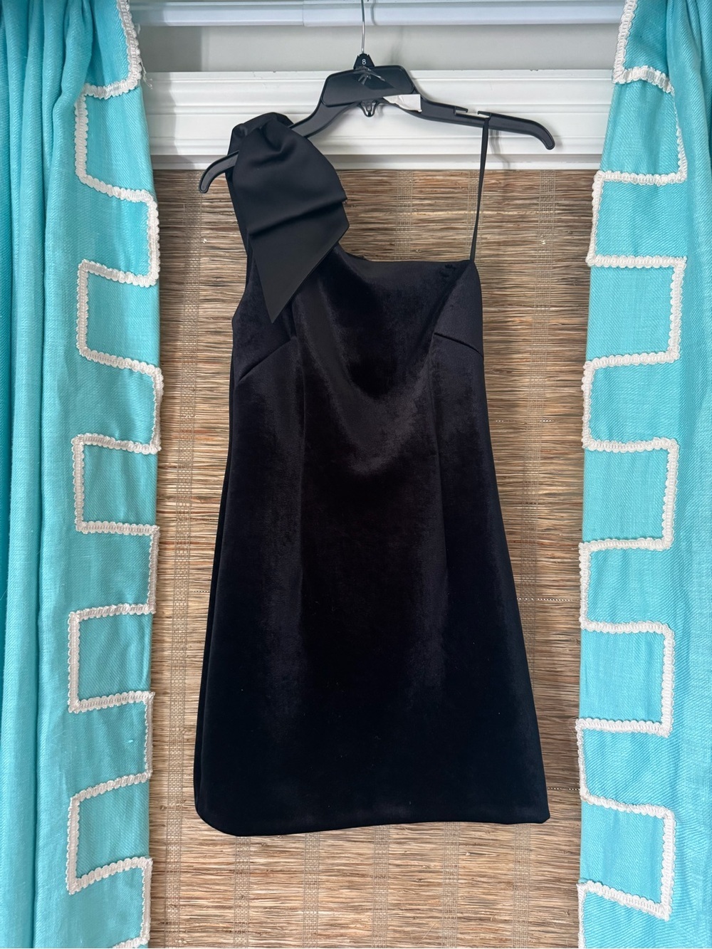Aqua Black One-Shoulder Velvet Mini Dress with Bow Detail